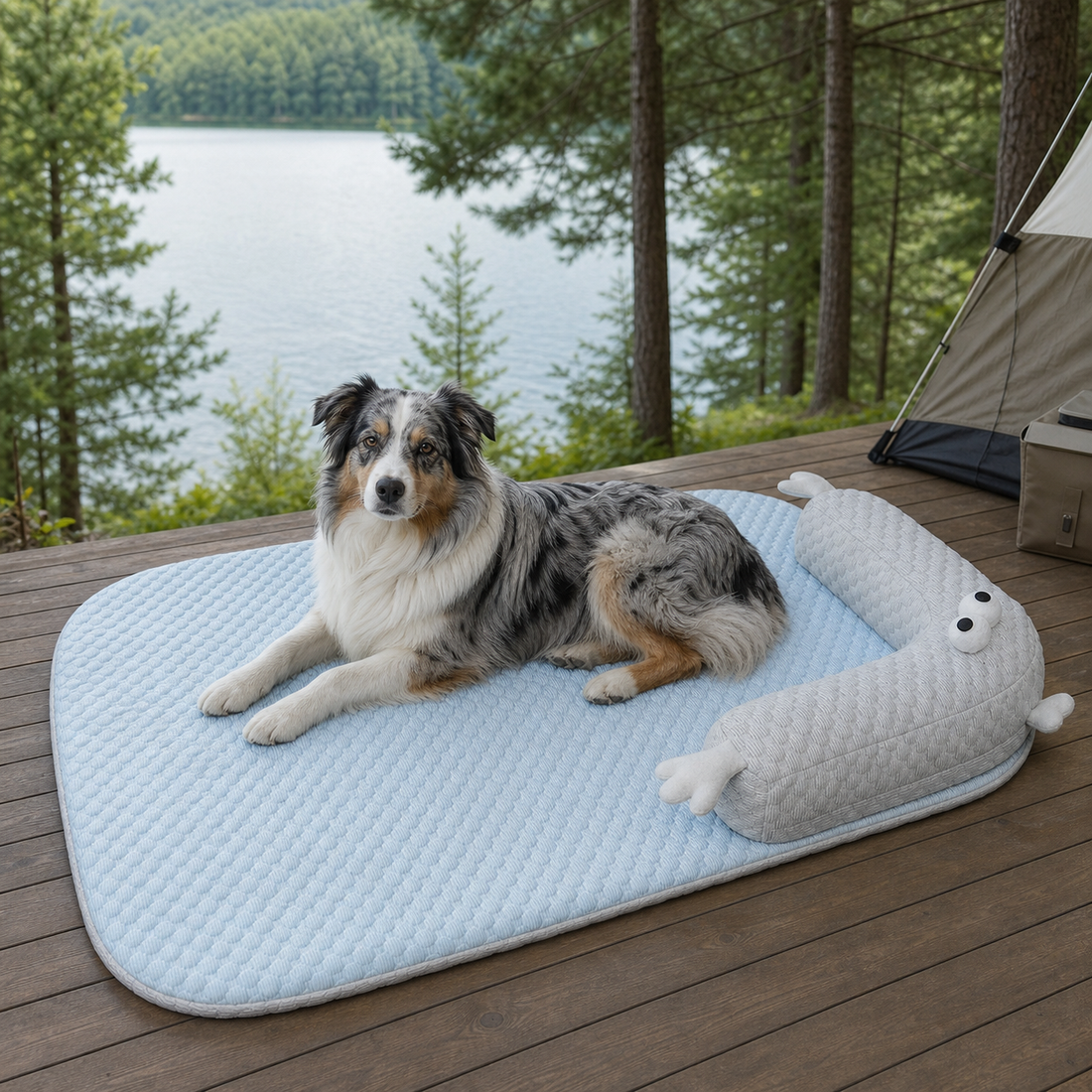 PawVerna pale blue Cool-Down Bed with a dog resting at a shaded lakeside campsite