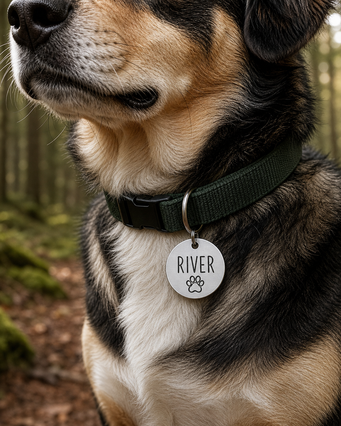 PawVerna Trail ID Tag, a round stainless steel personalized dog tag engraved with a name and paw icon