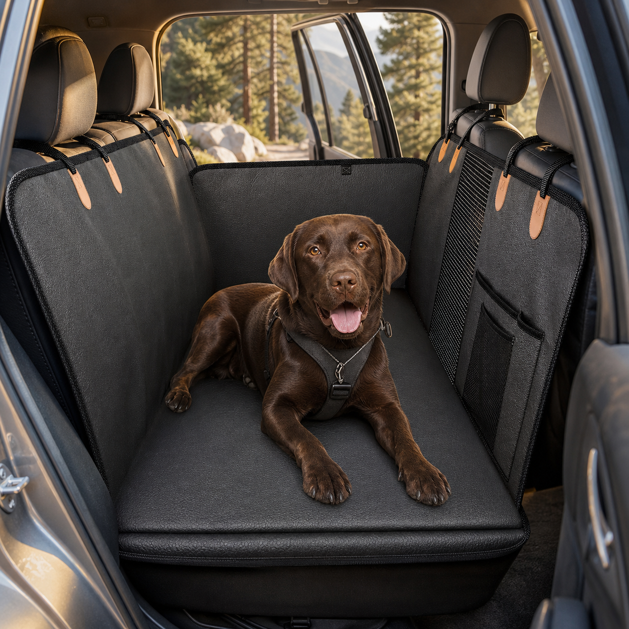 PawVerna black rear-seat dog hammock cover installed in an SUV at a forest trailhead