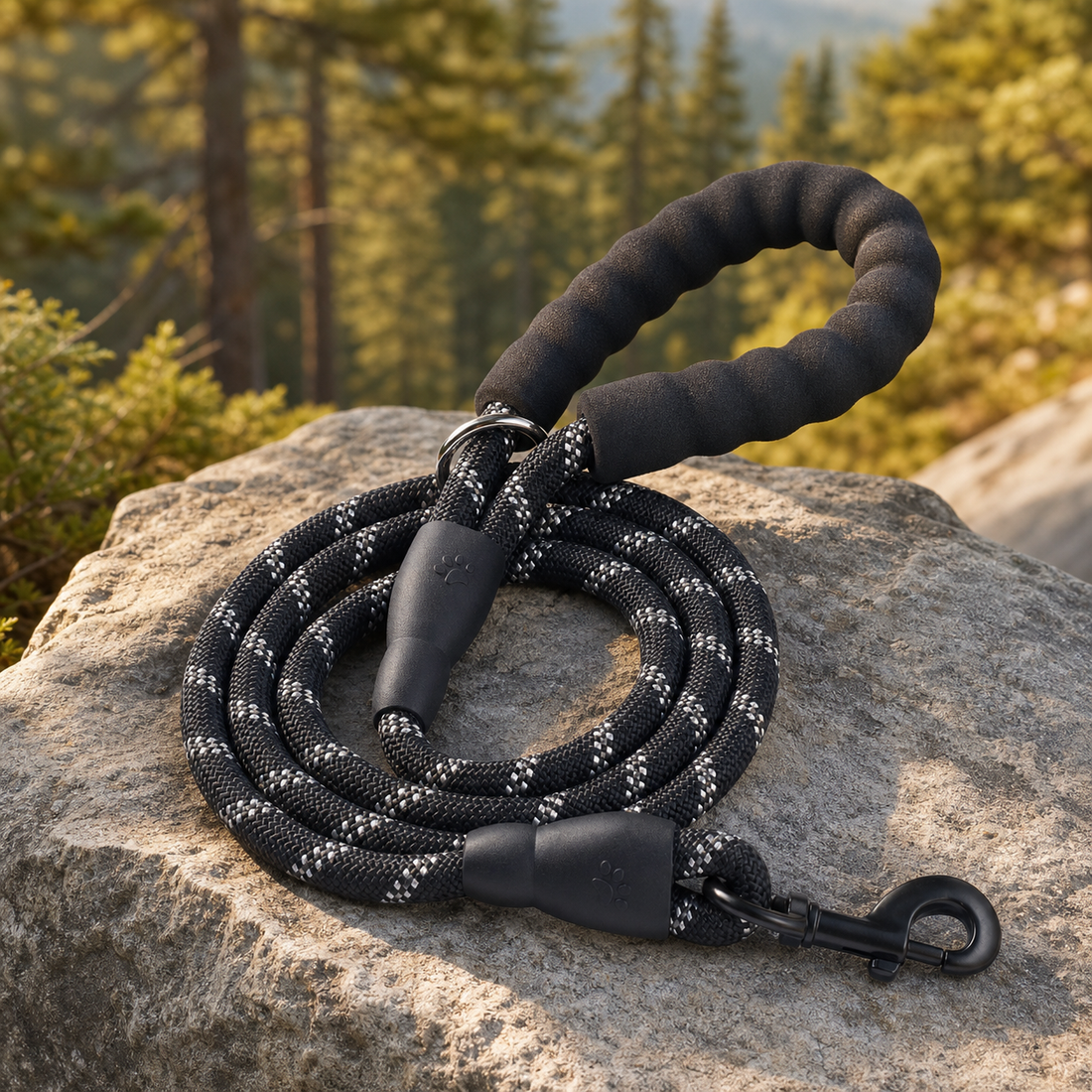 PawVerna RidgeLoop black padded rope leash on a forest trail rock