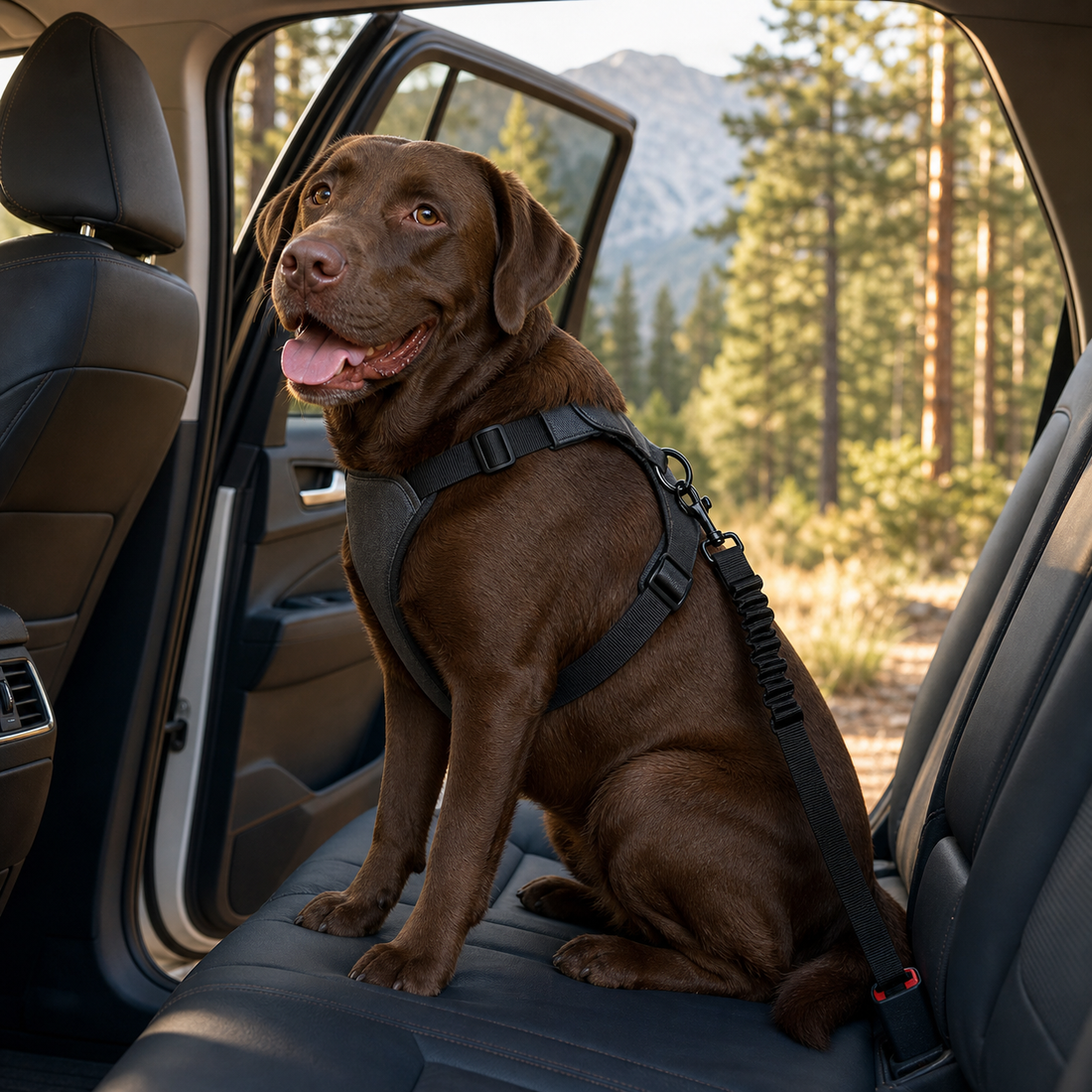 PawVerna RoadLock adjustable black car tether attached to a dog harness in a parked SUV at a trailhead