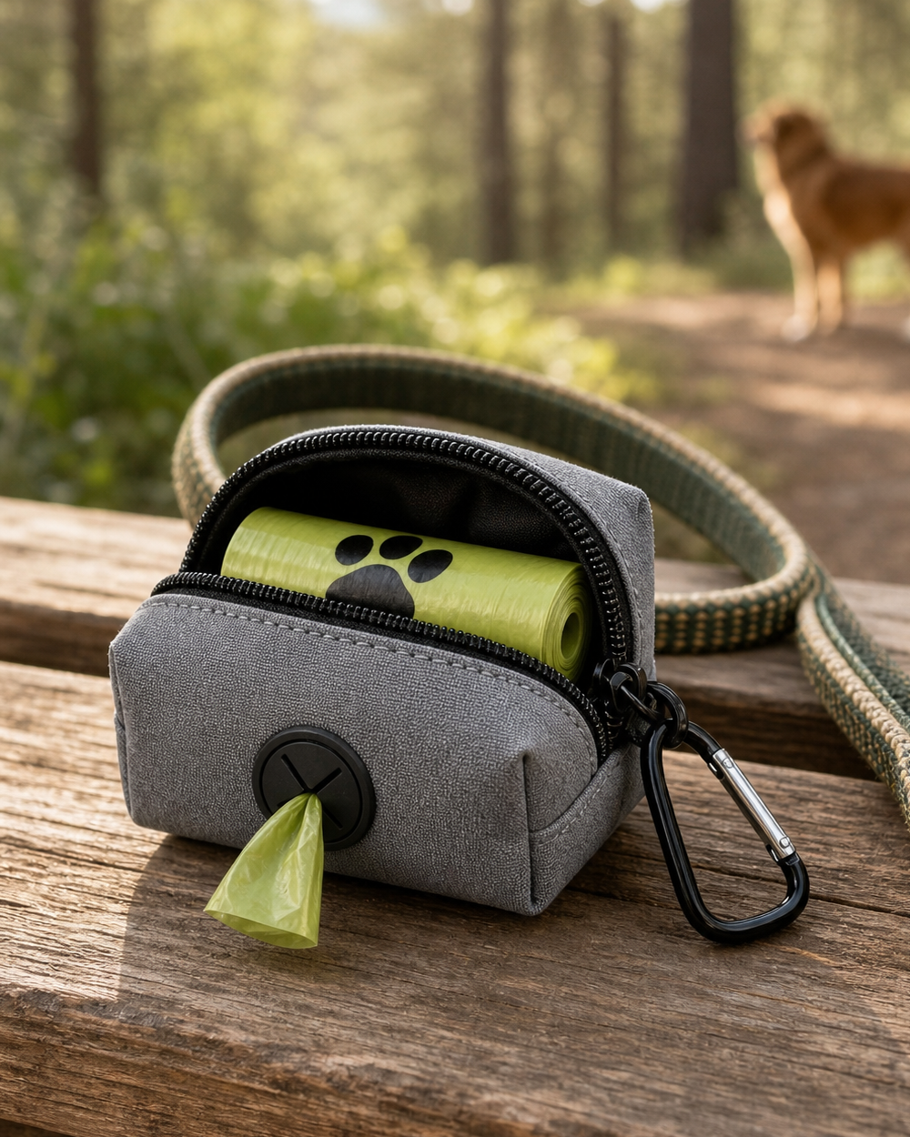 PawVerna Route Bag Dispenser in Clay, clipped to a leash outdoors