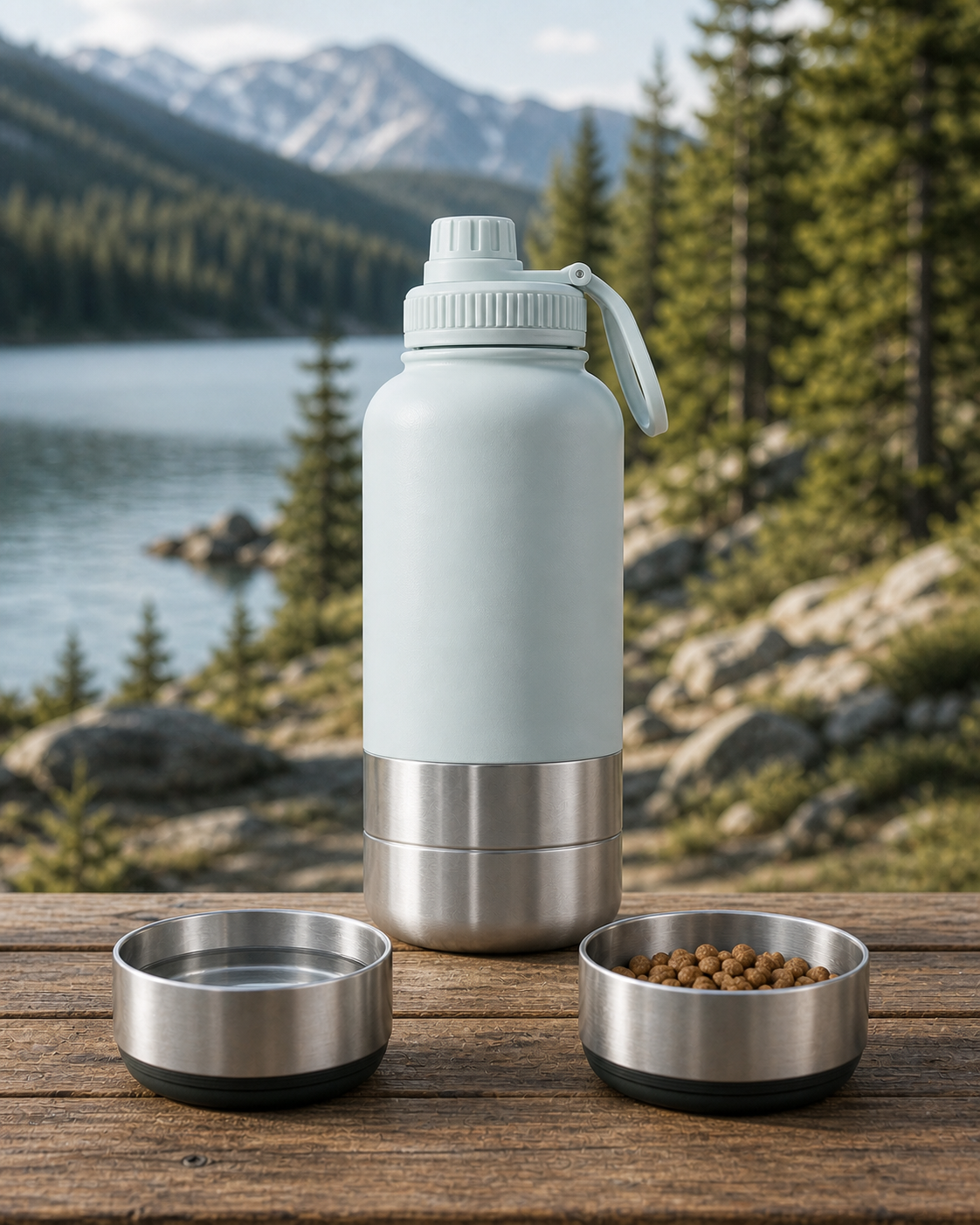 PawVerna travel thermos disassembled to show the bottle and two detachable stacking bowls