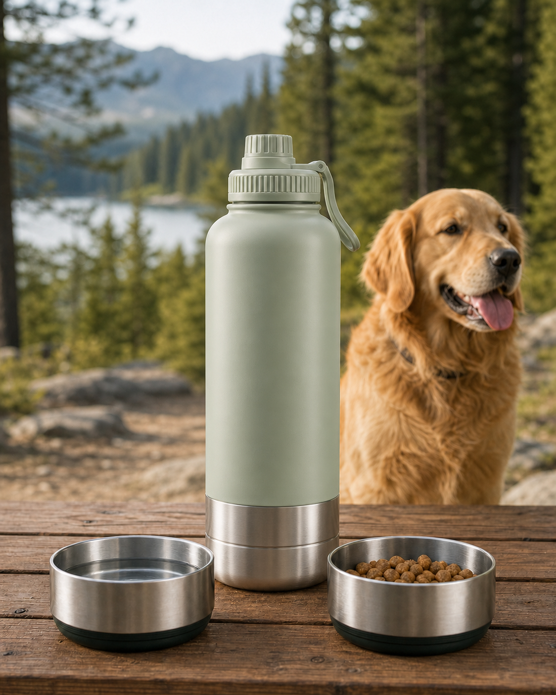 PawVerna 3-in-1 stainless steel dog travel thermos in Trail Sage, shown with a golden retriever outdoors